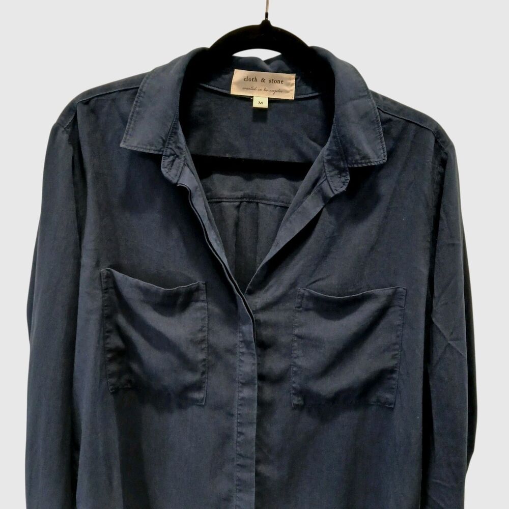 Cloth & Stone Shirt Women Medium Blue Tencel Hidden Button Front Long Sleeve Top - Picture 3 of 9